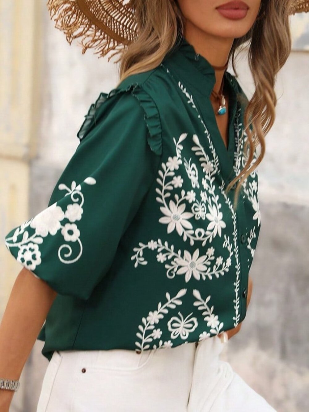Green Boho Women's V-Neck Ruffle Trim Open Front Casual Printed Shirt